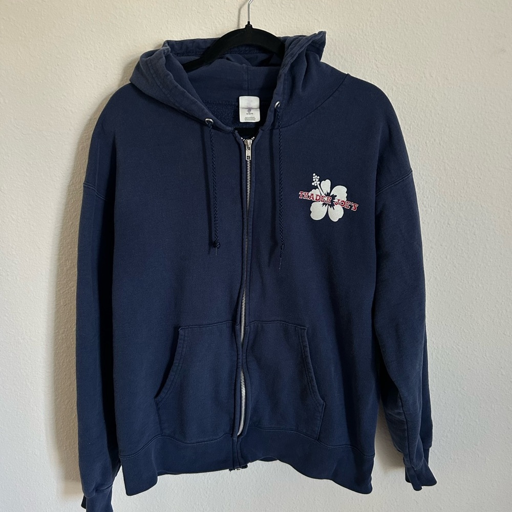 Trader Joe’s Navy Blue Zip-Up Hoodie with Floral Design